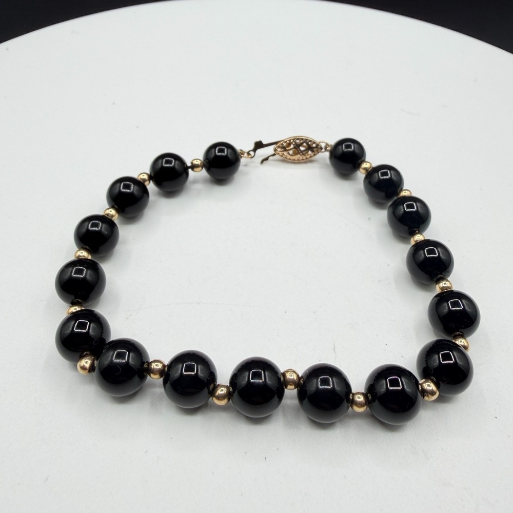 Black Glass Bead Necklace Gold Tone Filigree Clasp Graduated Statement Jewelry